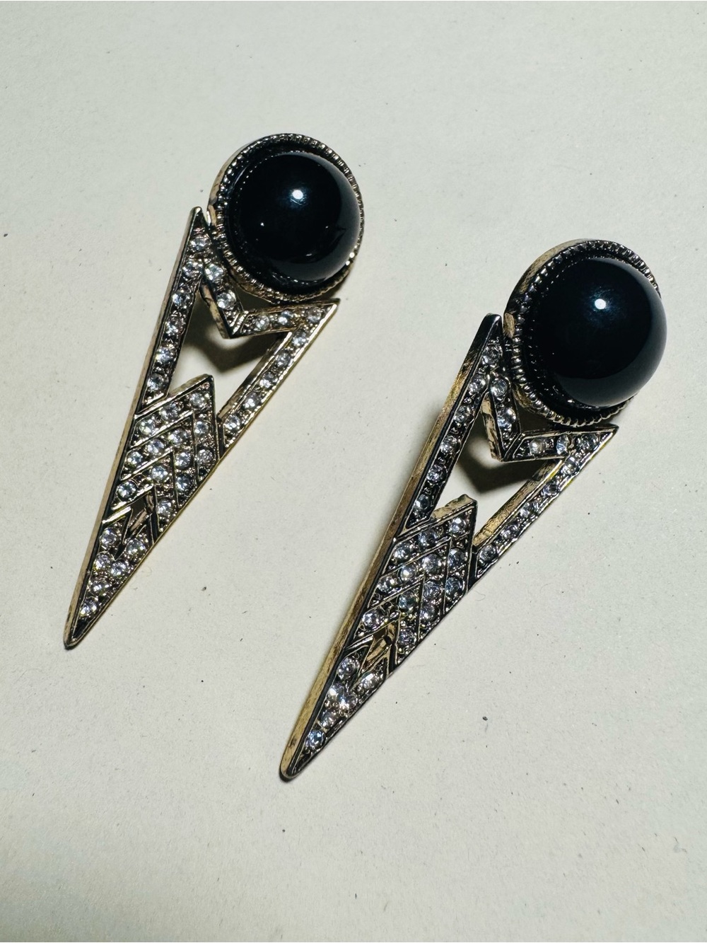 Vintage Art Deco Style‎ Black Cabochon & Rhinestone Geometric Statement Earrings